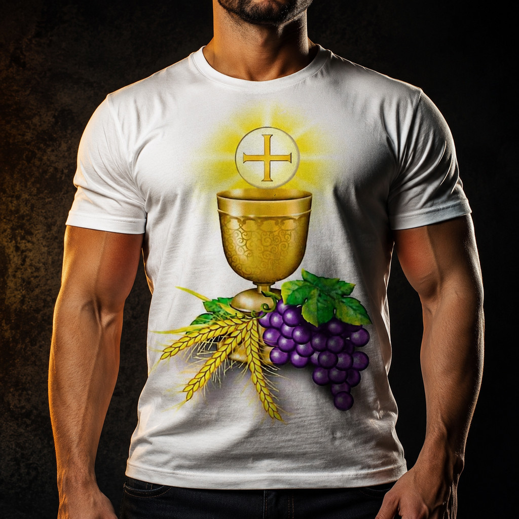 Camisa Camiseta Masculina Católica Eucaristia Primeira Comunhão