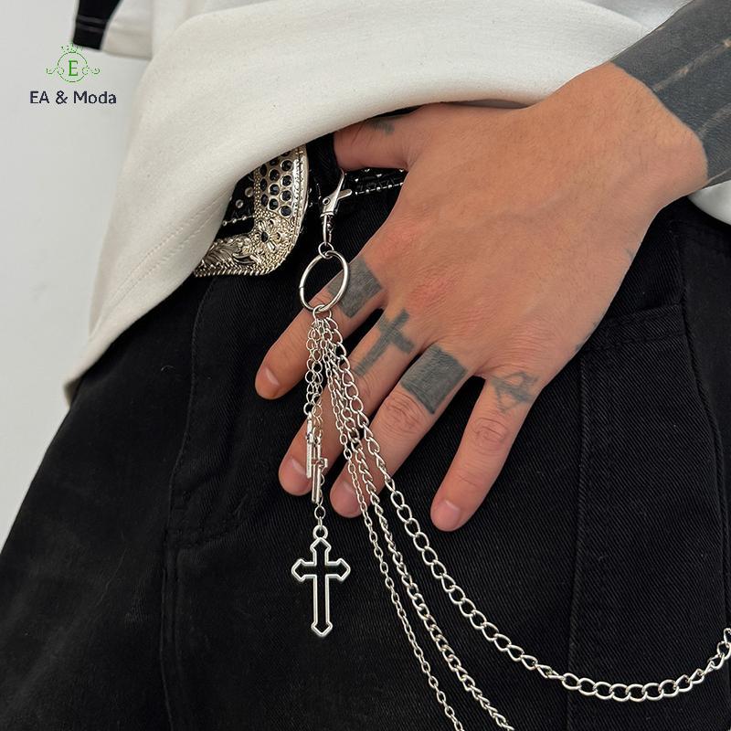 EA & Moda Retro Punk Ro Cruz Calças Cintura Corrente Das Mulheres Dos Homens Jeans Pingente Chaveiro Unisex Hip-hop Jóia