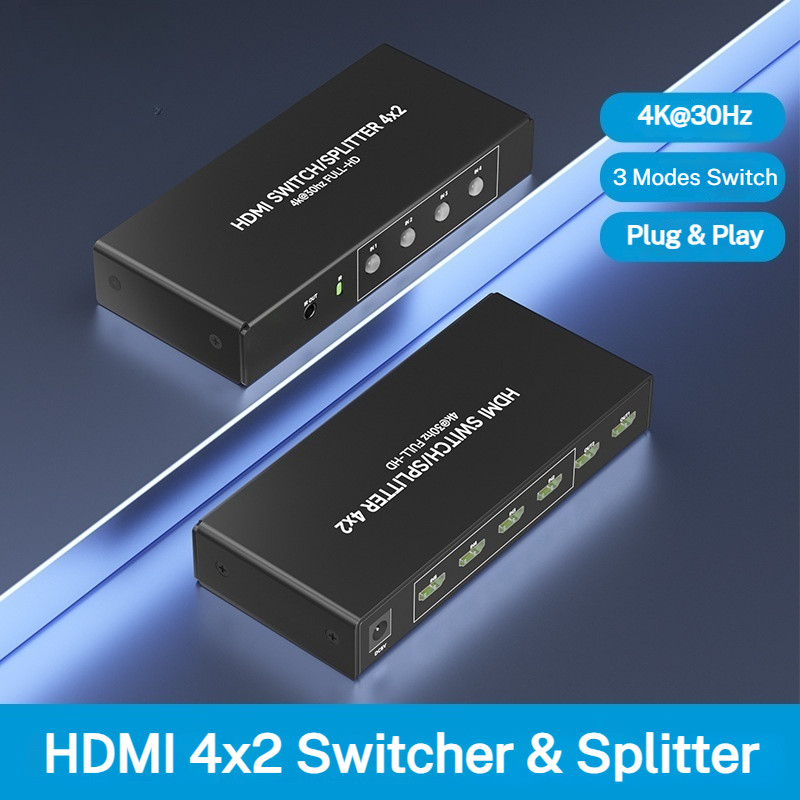 Switch e Splitter HDMI 4x2 | 4 Entradas 2 Saídas | 4K@30Hz | Controle Remoto IR + Botão + Auto Switch | para Monitor, TV