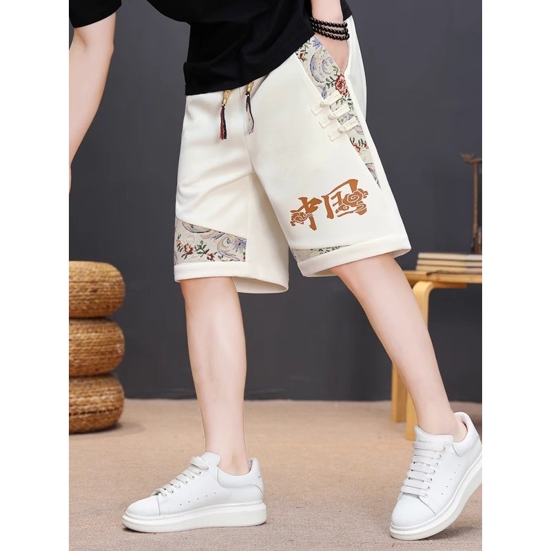 Novo estilo chinês fivela de disco Shorts casuais masculinos soltos em linha reta estilo chinês 5 pontos calças médias n