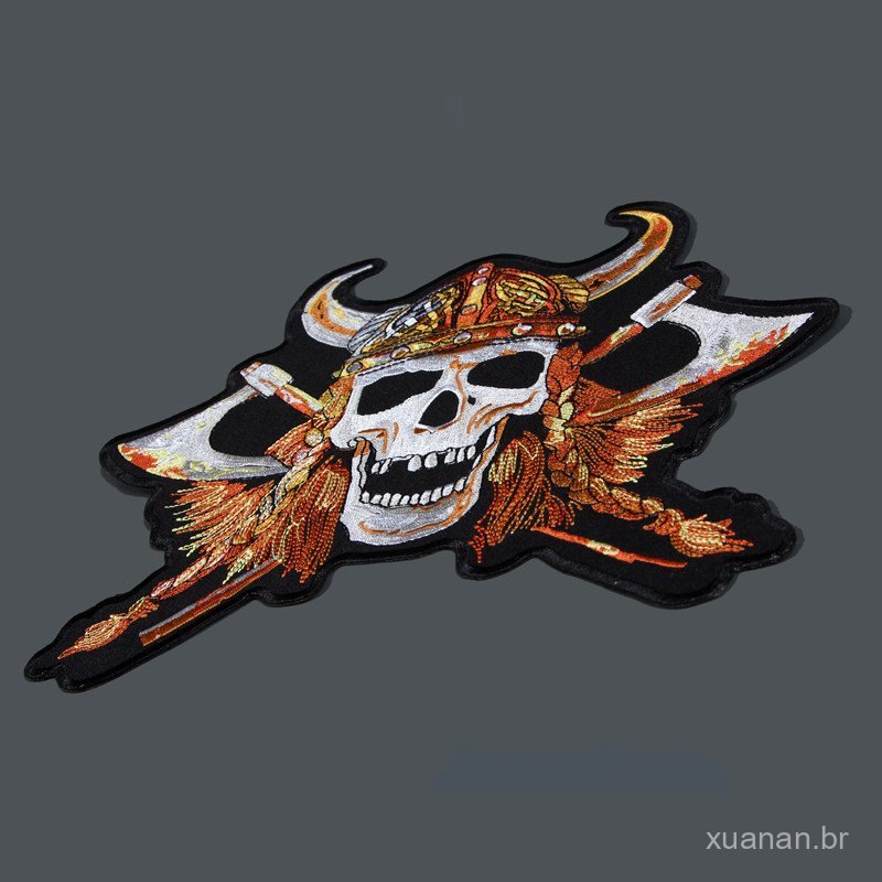 Jaqueta de couro com logotipo de caveira de motocicleta, patch duplo de cabeça de touro e machado, patch bordado adesivo