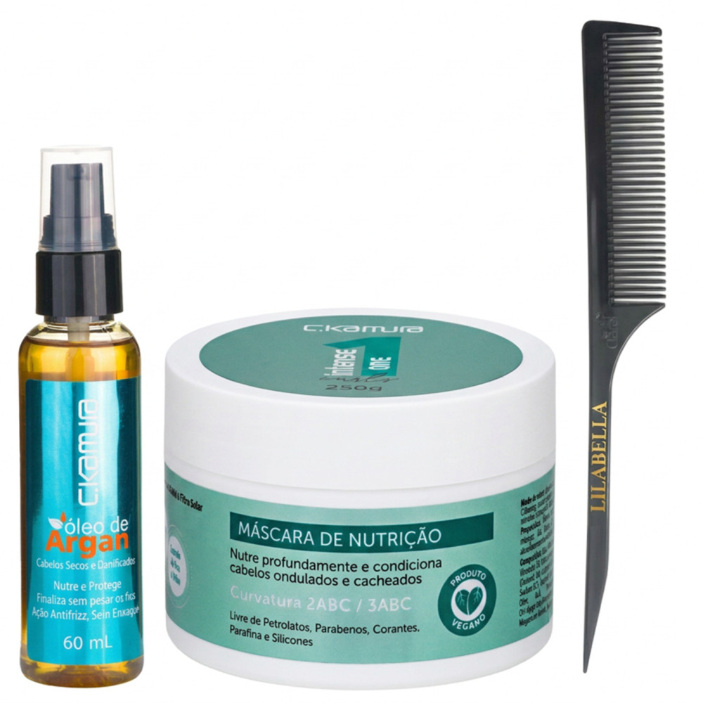 Kit Curls Máscara C.Kamura + Brilho Argan + Pente Lilabella