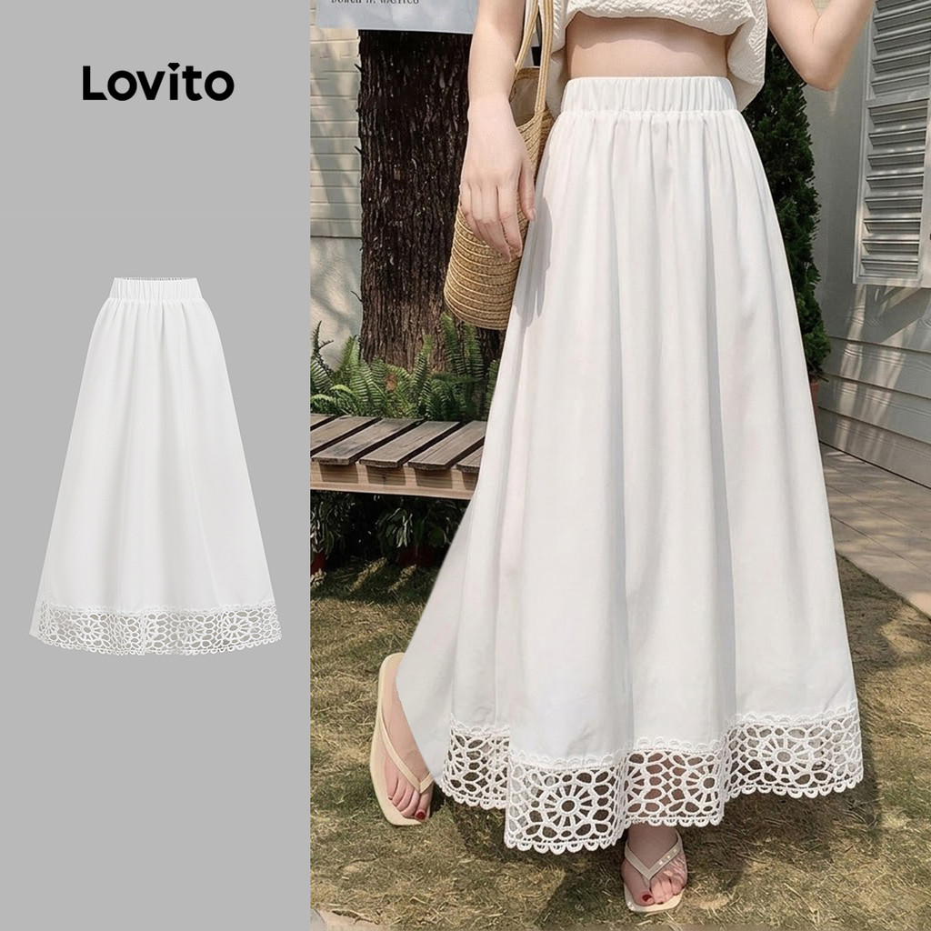 Lovito Saias Elegantes Bordada Babado Na Barra Primavera/verão Saias Brancas par