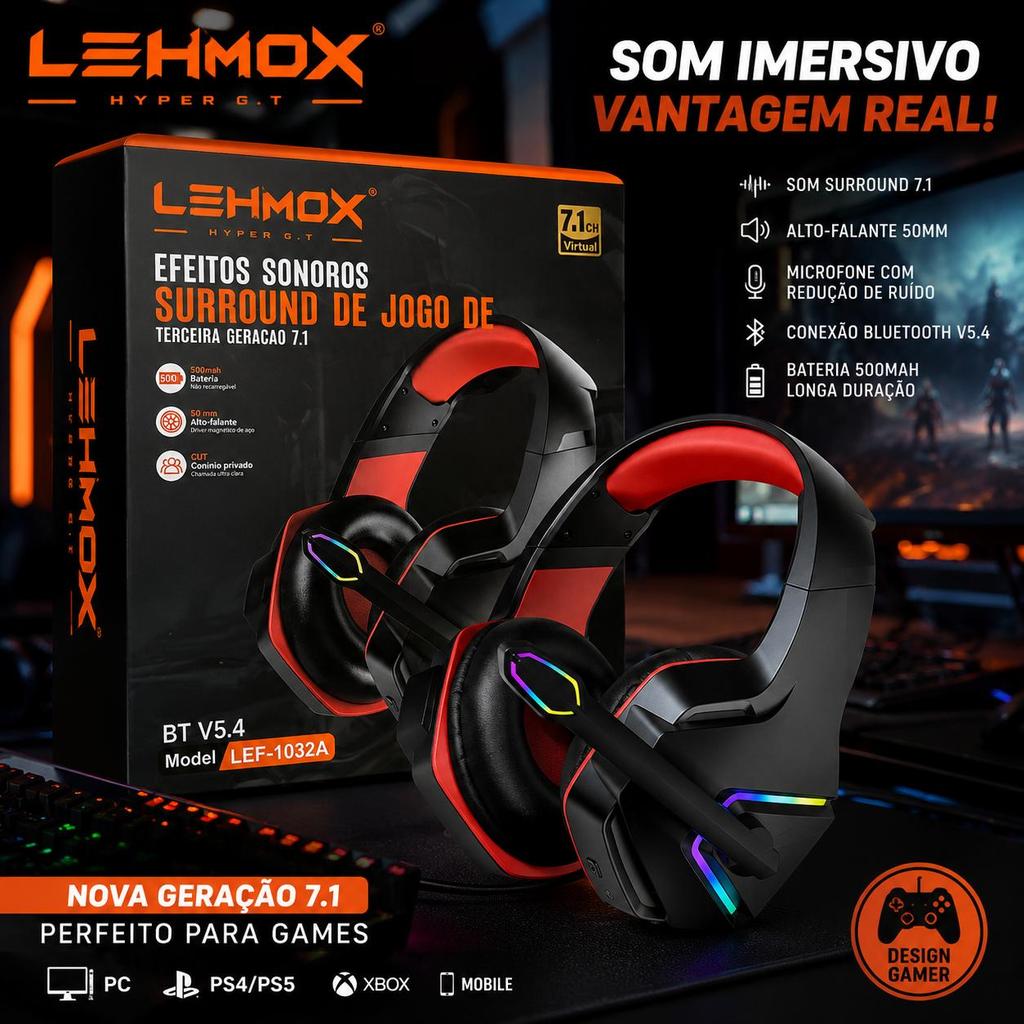 Fone Gamer Bluetooth LEHMOX LEF-1032A Sem Fio RGB 7.1 Surround Microfone