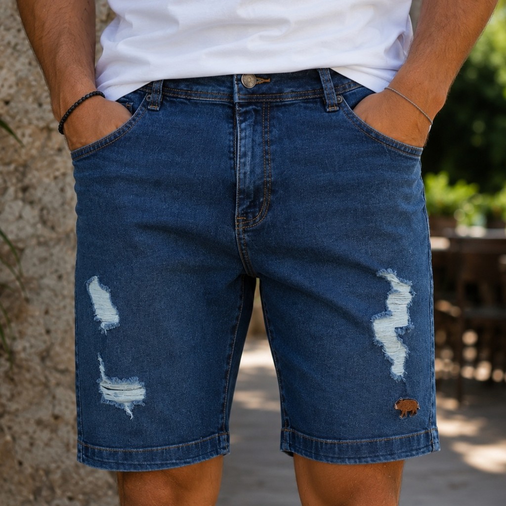 Bermuda Jeans Masculina Com Destroyed Barra Feita Novidade