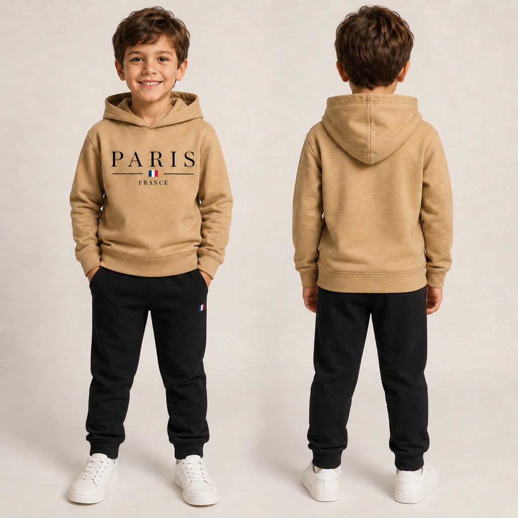 Conjunto Infantil Moletom Paris France Flanelado Com Capuz Calça Jogger Inverno Menino Menina Casual Premium