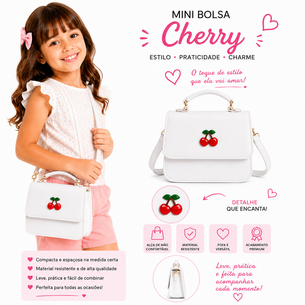 Bolsa Branca Infantil Transversal Super Fofa Cereja Vermelha Mini Bag Menina Mini Diva Tendência Luxo Blogueirinha