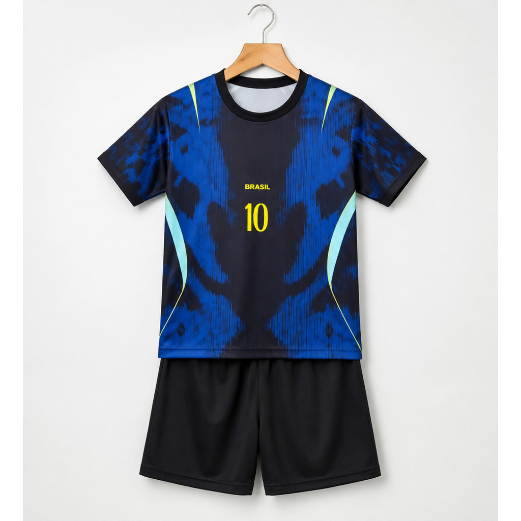 Conjunto Infantil Futebol Brasil Nº 10 Camisa + Shorts Uniforme Esportivo Azul e Preto Masculino e Feminino