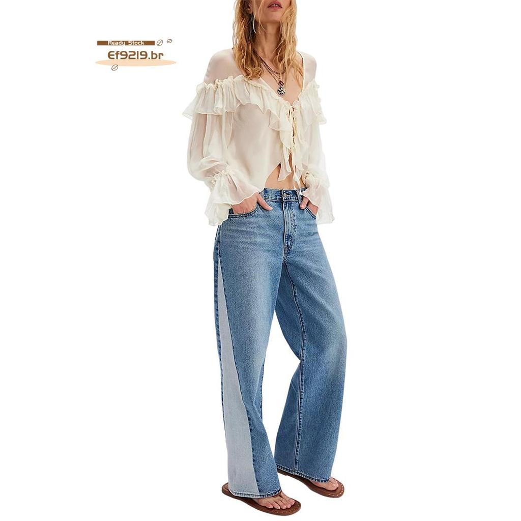 [Oferta Especial E] Blusa Feminina Fluida Com Gravata Frontal Manga Comprida Peplum Renda Guarnição Chiffon Transparente