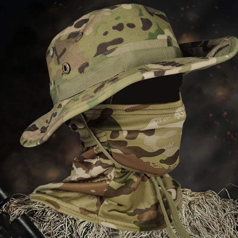 Chapéu Boonie Tático Camuflado - Chapéu Militar de Sol com Aba Larga, Malha Respirável para Pesca/Caminhada ao Ar Livre