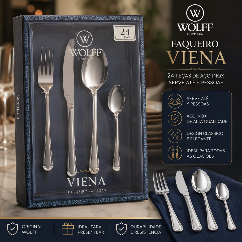 Faqueiro 24 Peças Wolff de Aço Inox - Serve 6 Pessoas - Linha Viena