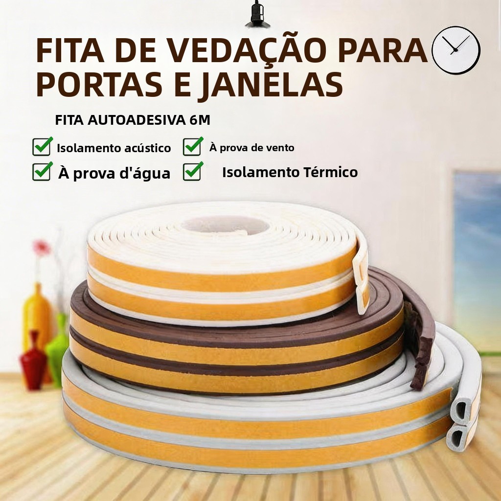 Fita Adesiva de Vedação para Portas de 6m, Isolamento Acústico, Vedação Contra Correntes de Ar, Fita de Vedação de Borra
