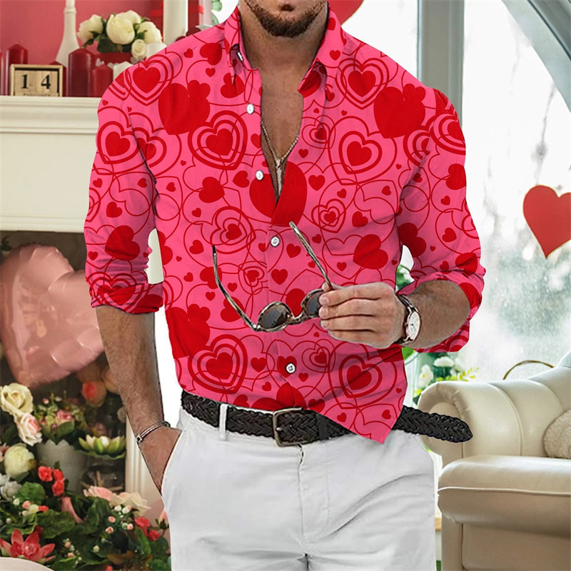 Camisa Masculina De Manga Comprida Para O Dia Dos Namorados , De Casal Com Estampa De Coração 3D , Camiseta casual , Rou