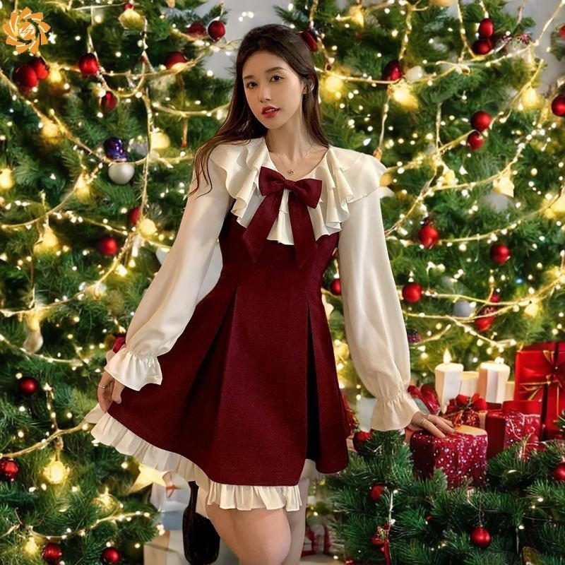 Vestido feminino com laço em formato A para festa de Natal AMHW