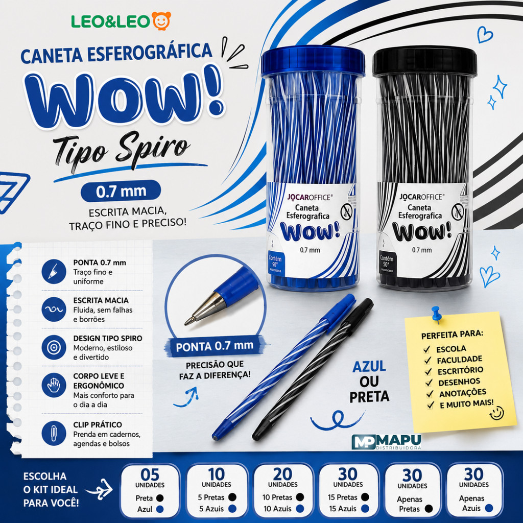 Caneta Esferográfica Tipo Spiro Wow Fun Leo&Leo 0.7mm | Azul ou Preta | Escrita Macia