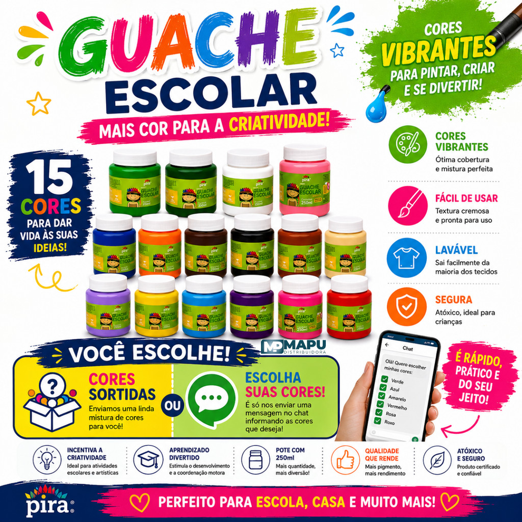 Kit 12 Tintas Guache Cores Variadas 250ml Piratininga