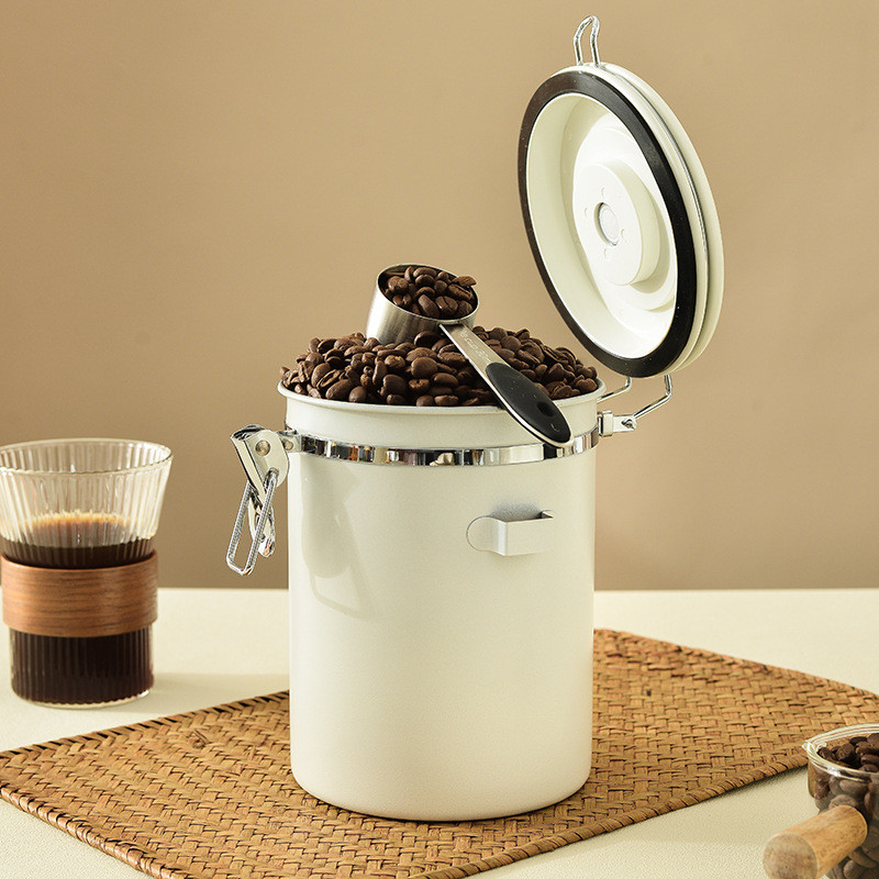 Pote selado de aço inoxidável 304 para grãos de café, pote de armazenamento a vácuo com colher para leite em pó e chá.