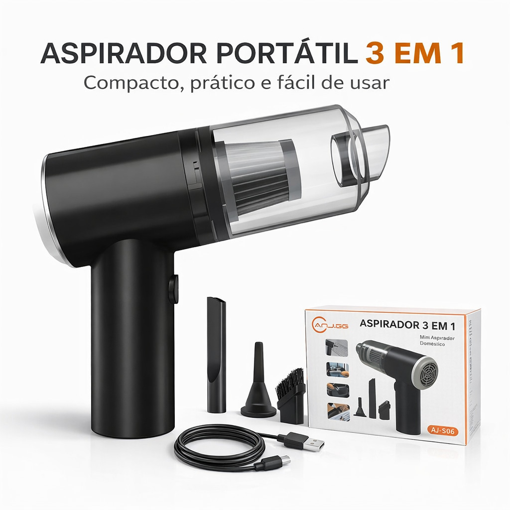 Aspirador Portátil 3 em 1 Sem Fio Potente Mini Aspirador Carro Casa USB Recarregável ANJGG BRASIL
