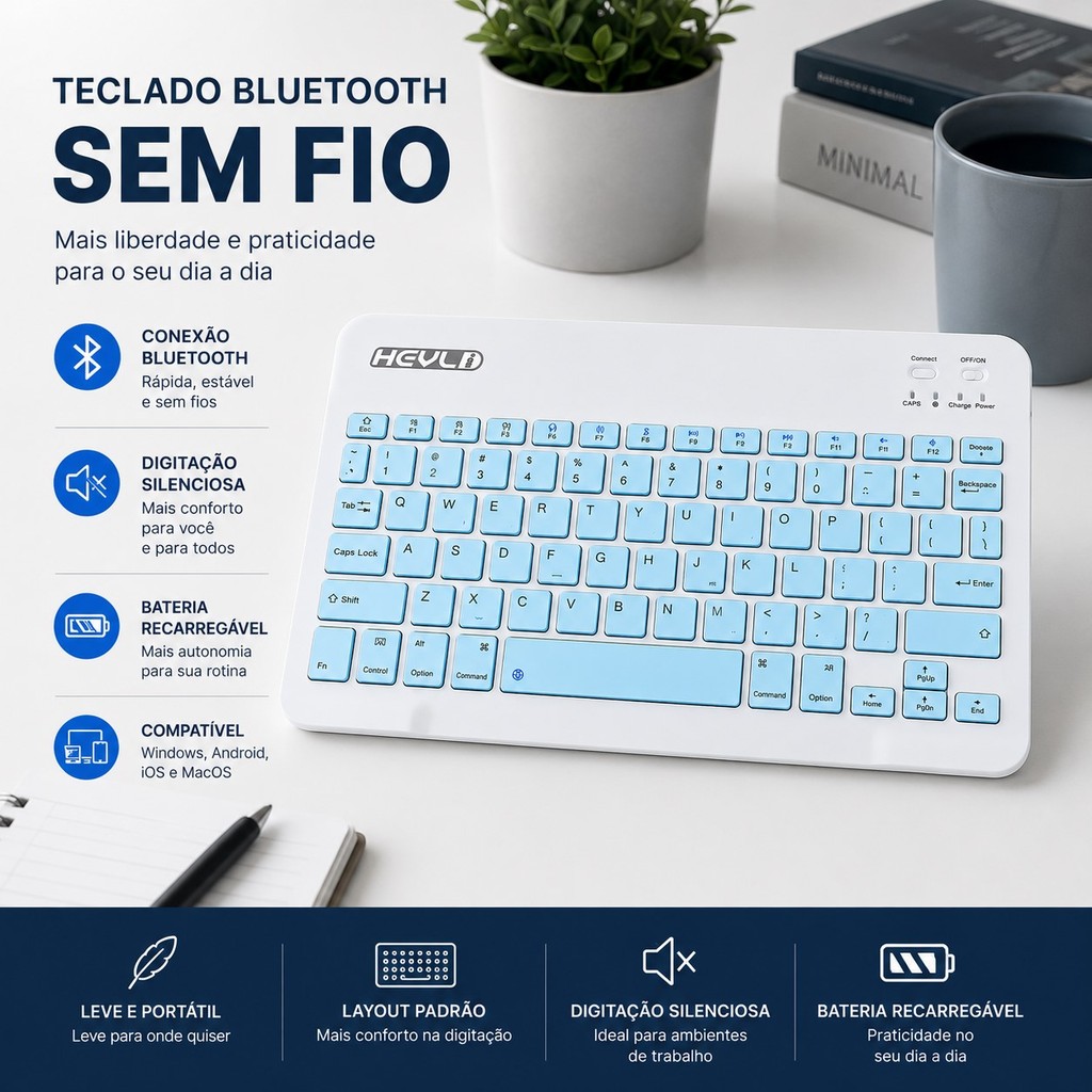 Teclado Bluetooth Sem Fio Portátil Leve e Recarregável Compatível com Celular/Tablet/Notebook