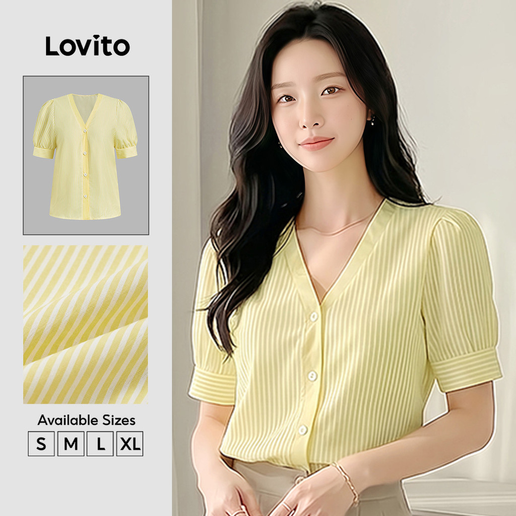 Lovito Elegante Blusa para Trabalho de Primavera/verão Amarela para Mulheres L15