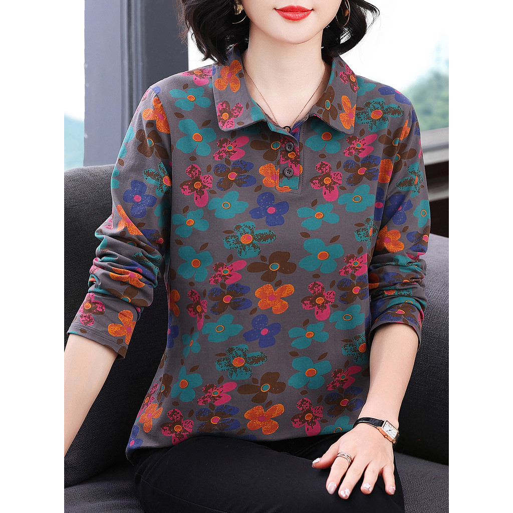 Camiseta feminina de manga comprida de algodão puro 2026 novo estilo roupas de outono roupa externa roupas de mãe idosa