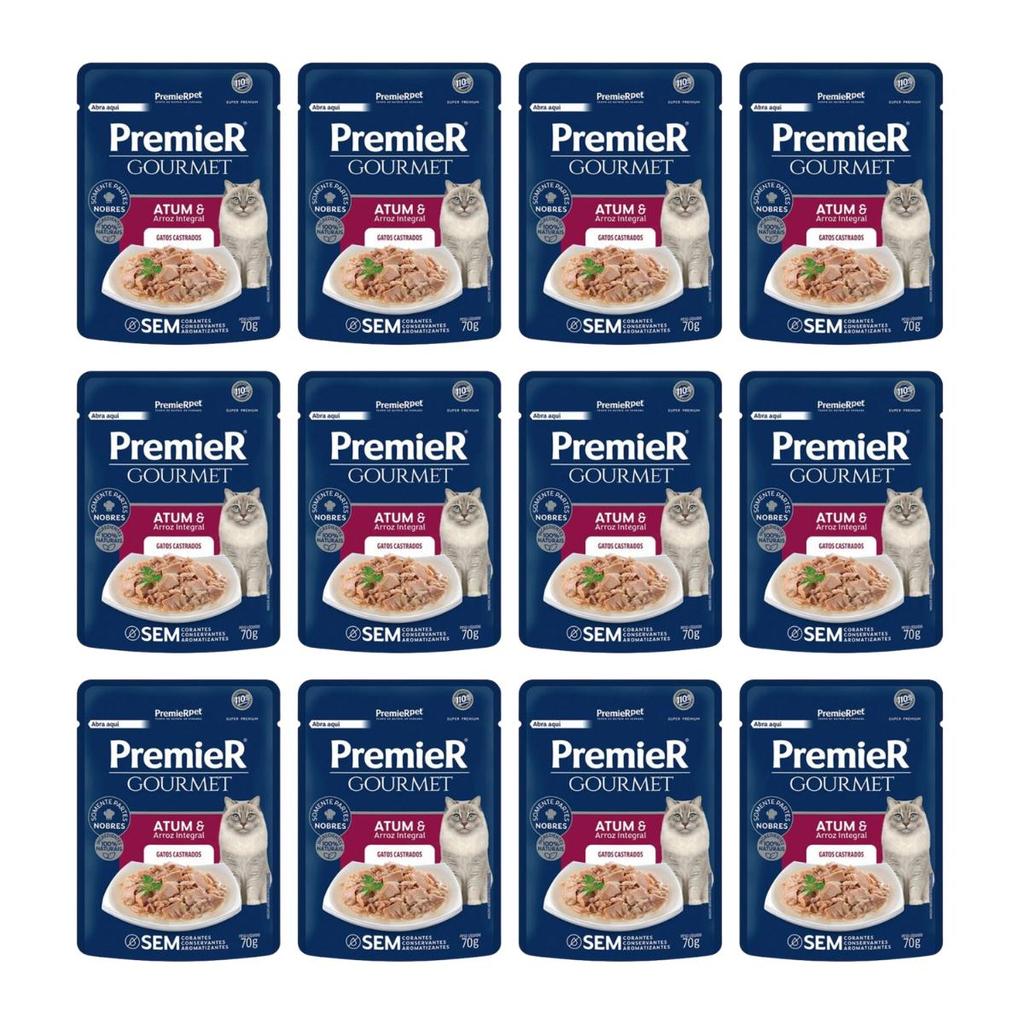 Kit 12 Sachês Premier Gourmet Atum/Arroz Integral Gatos 70g