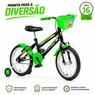 Bicicleta infantil Aro 16 V-brake Meninos com rodinha Colorida quadro Aço Carbono Intense Kids Cor Preto/Verde10