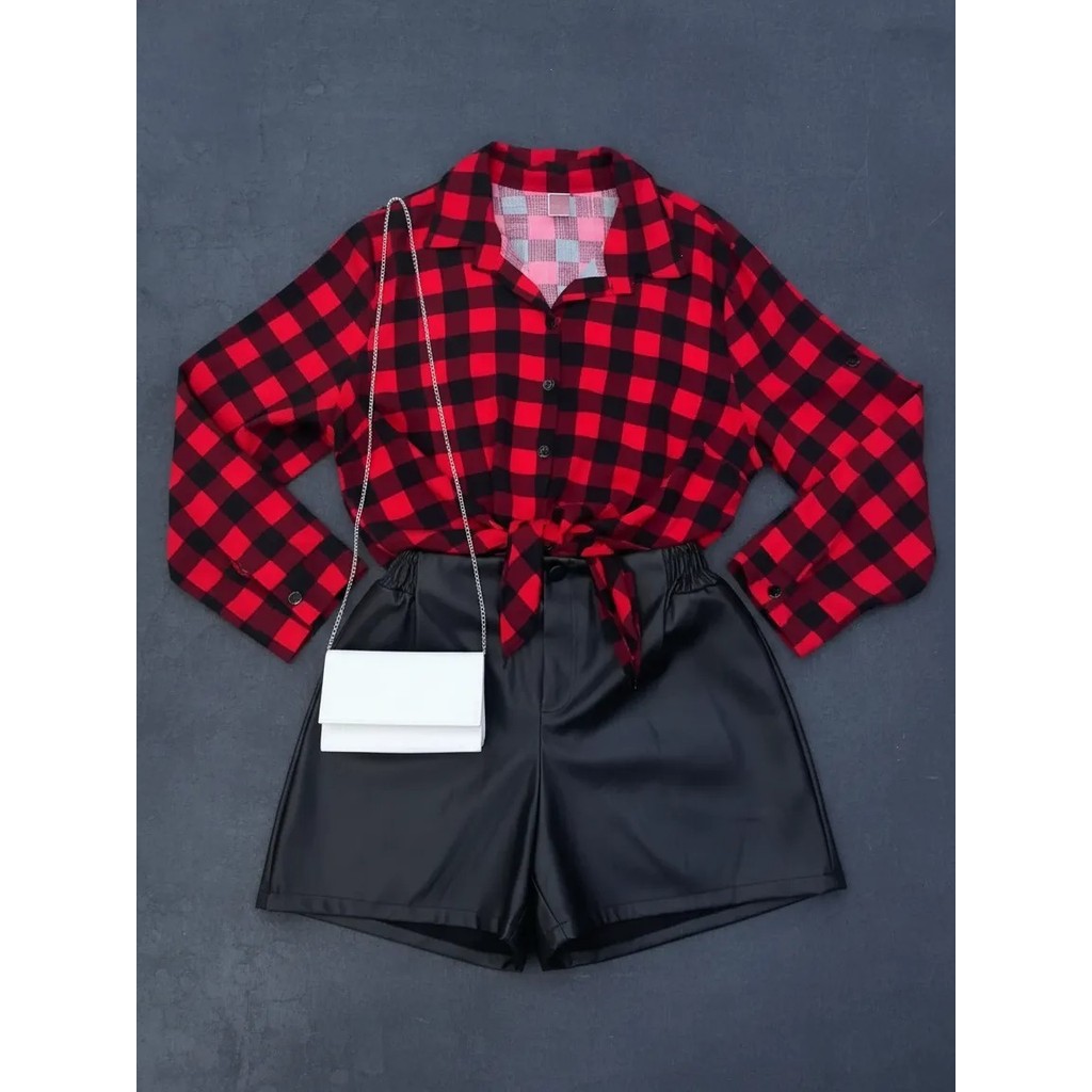 Conjunto plus size Shorts couro com bolso + Camisa Xadrez manga longa plus size tendencia