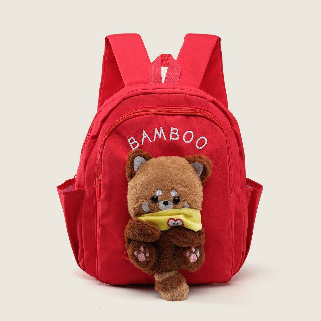 Vermelho Oxford pano crianças mochila tridimensional pelúcia Panda boneca decoração carta bordado luz lazer criança viag