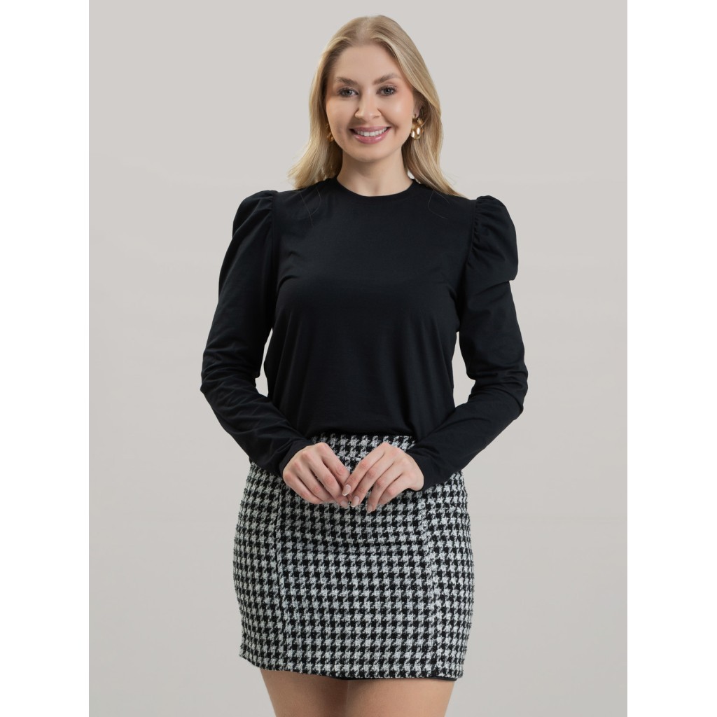 Blusa Feminina Manga Longa Bufante de Algodão Lisa Clara Preto Blusa de Frio Inverno Estilosa