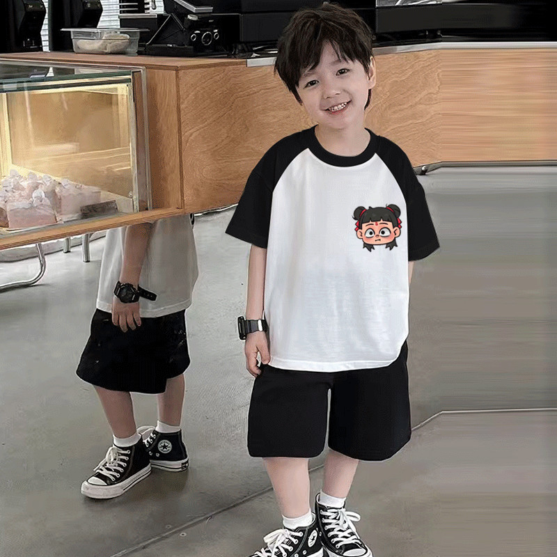 Meninos puro algodão Raglan camiseta de manga curta Nezha dos desenhos animados verão novo estilo crianças meia manga me