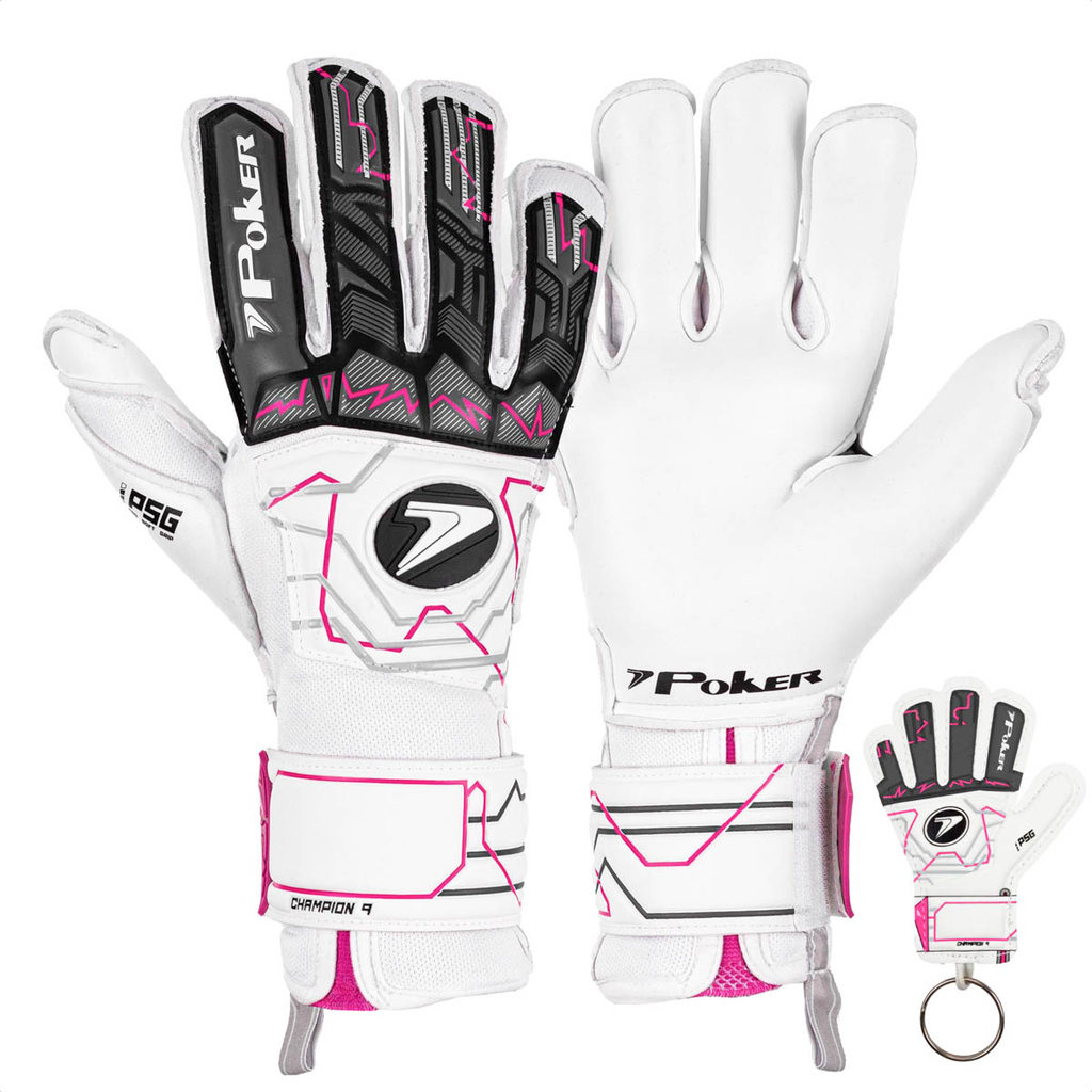 Luva de Goleiro Poker Campo Profissional Champion 9 Branco Preto e Rosa - Adulto