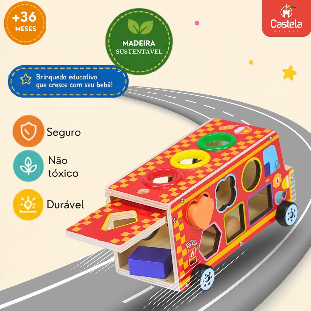Brinquedo Montessori Educativo Infantil Caminhão Bombeiro Com Blocos Geométricos Castela — imagem 2 de 2