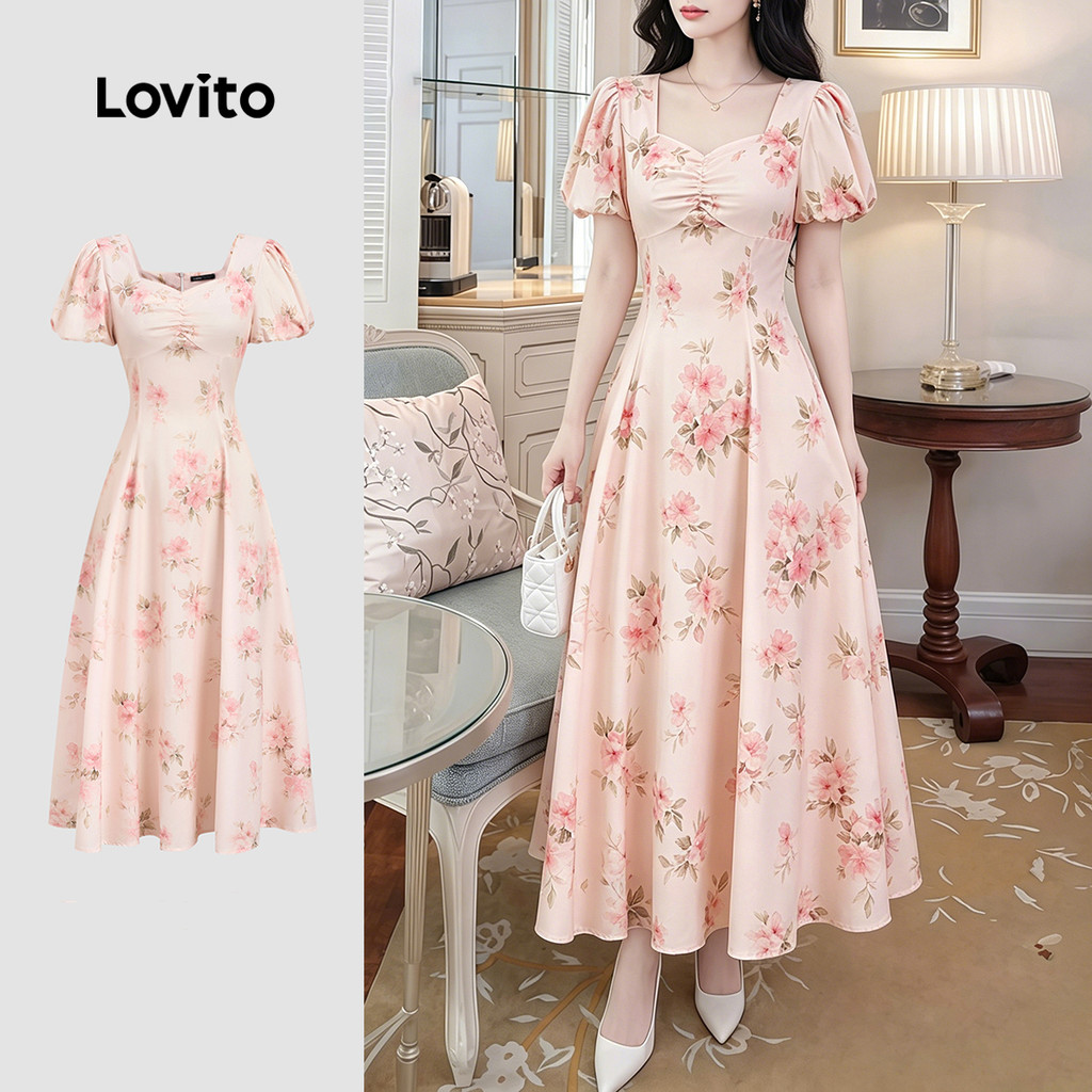 Lovito Padrão de Vestido Elegante Estrutura Da Linha Verão Rosa Vestido para mul