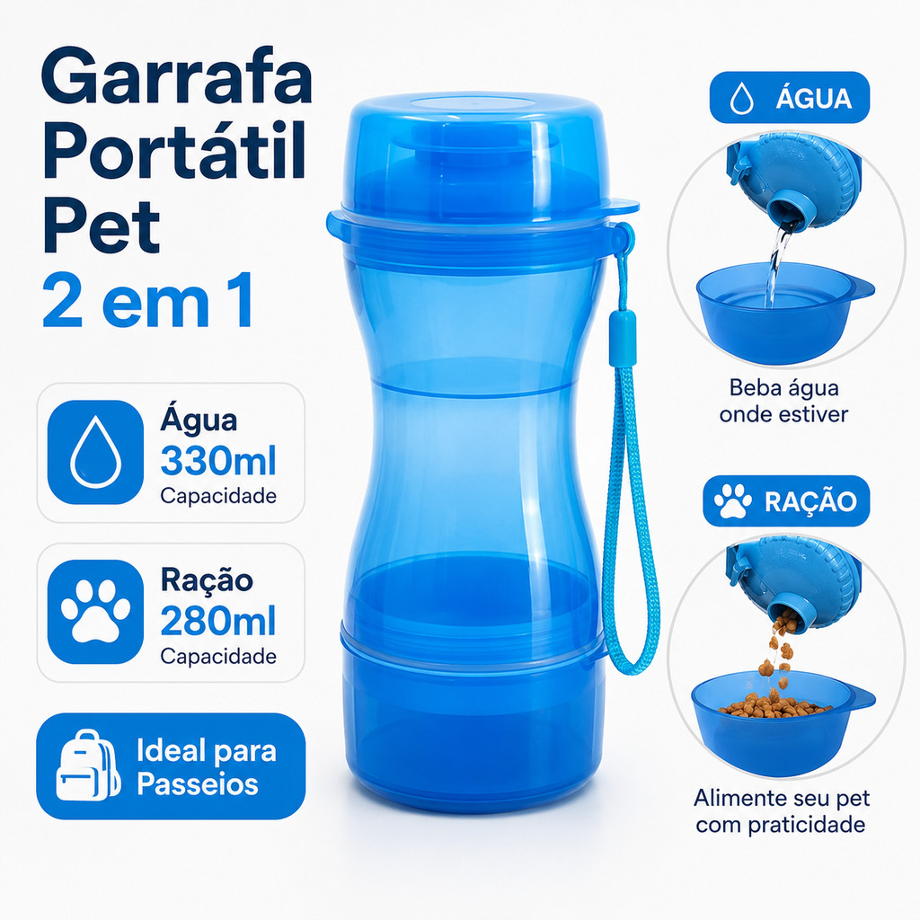Garrafa Portátil Pet 2 em 1 Água e Ração 610ml Bebedouro Comedouro para Cachorro Gato Passeio Viagem — imagem 2 de 2