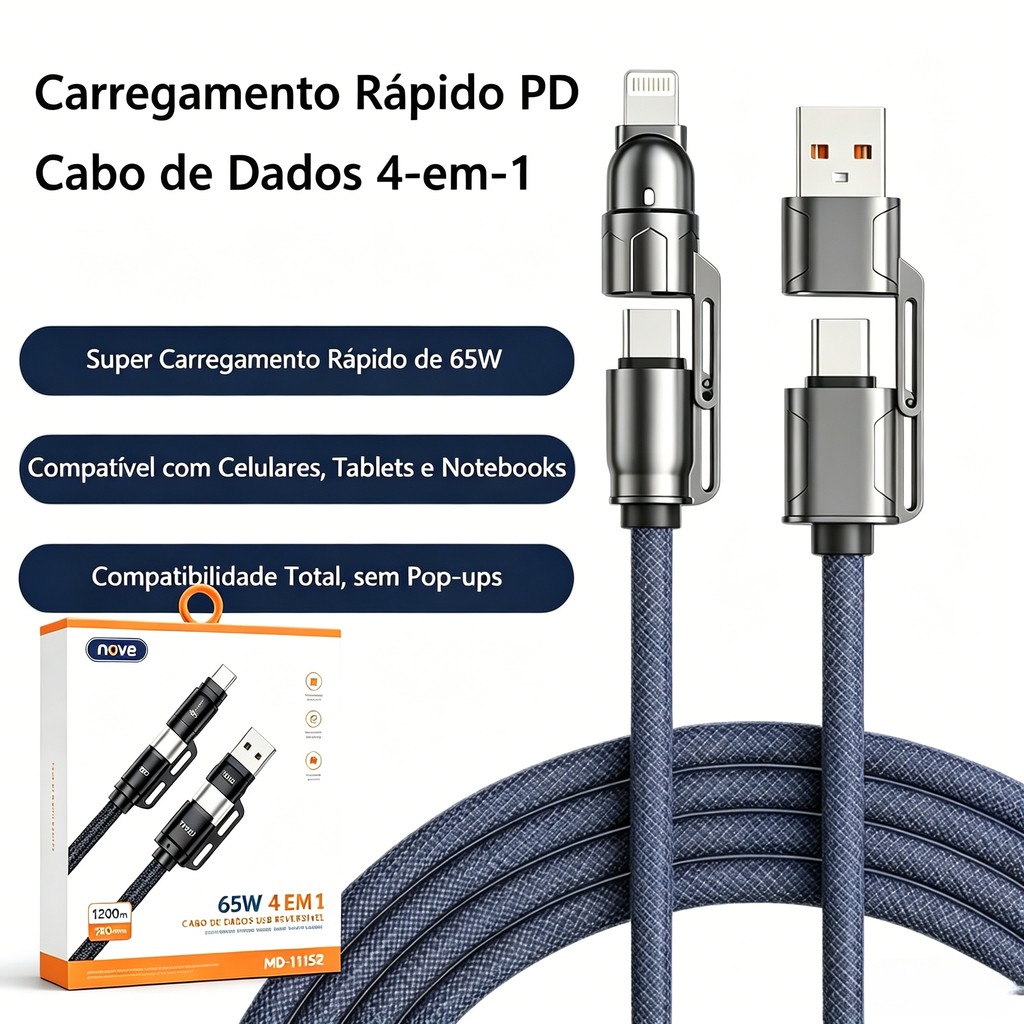 Cabo de Carregamento 65W Ultra Rápido 4 Em 1 Celular 480 MPS Type-C Lightning USB Android Apple