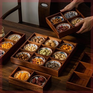Bandeja de madeira doméstica Jiugongge, cor retrô, quatro grades, lanche, frutas secas, High-End, sala de chá, clube, la
