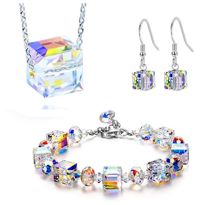 Cubo de açúcar cristal pulseira colar brincos conjunto de três peças pulseira de cristal presente para namorada nicho De