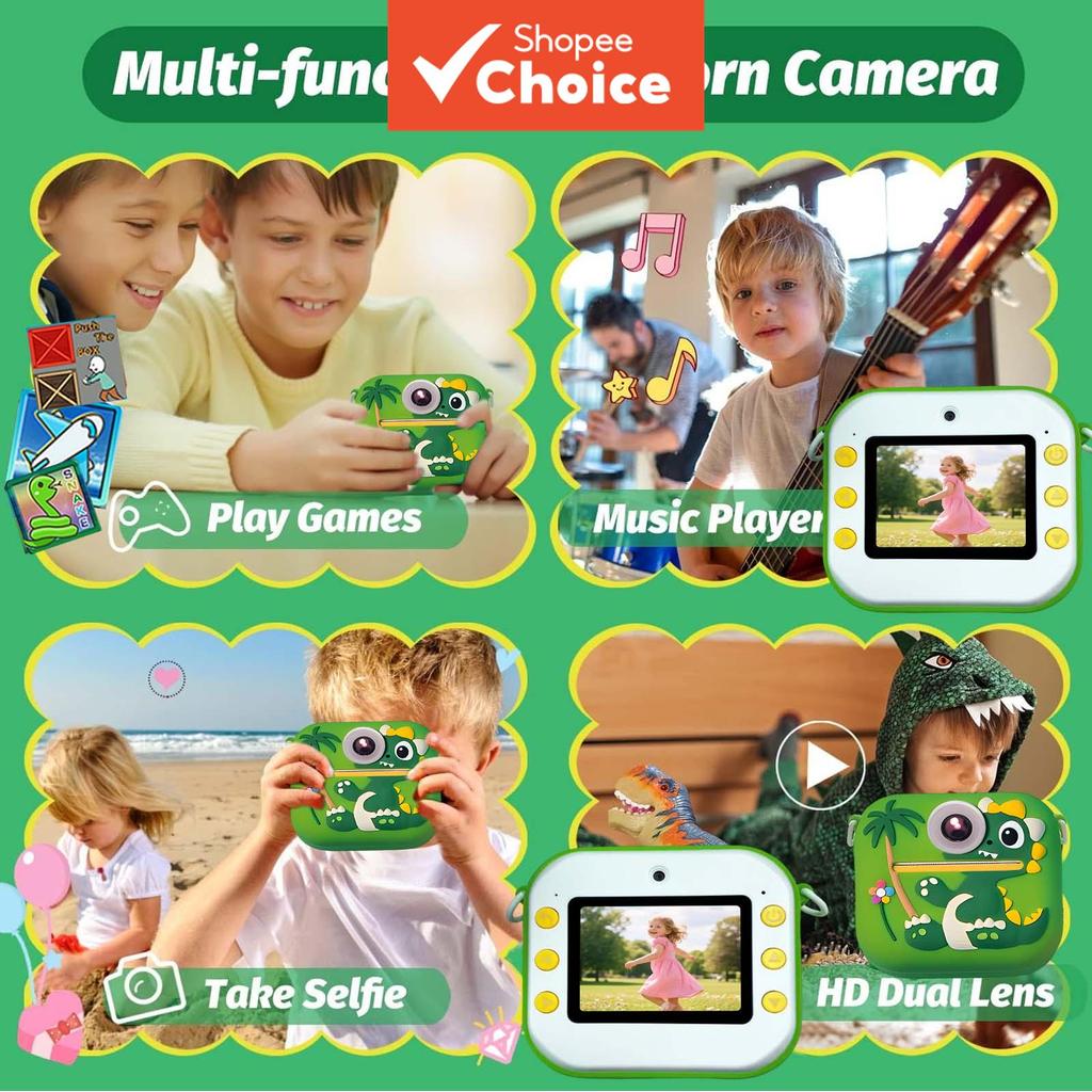 Câmera Instantânea Infantil com Lente Dupla 1080P e Zoom, Inclui Papel Autocolante e Jogos para Memórias de Viagem