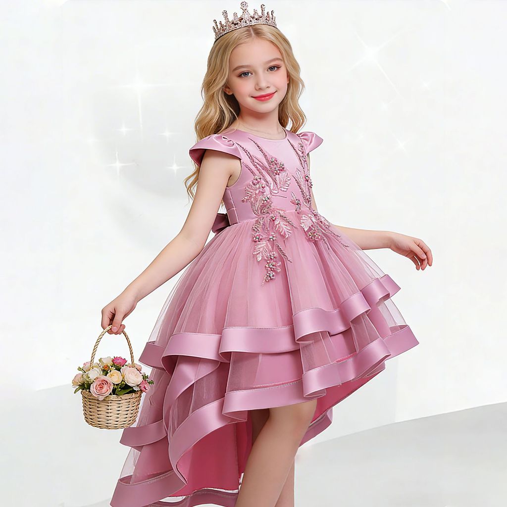 Vestido Princesa Infantil com Cauda Bordada – Vestido de Festa Luxo para Casamento e Aniversário