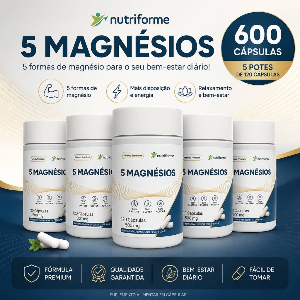 5 MAGNÉSIOS 600 CAPS (magnésio Quelato, Malato, Turato, Citrato e Óxido)
