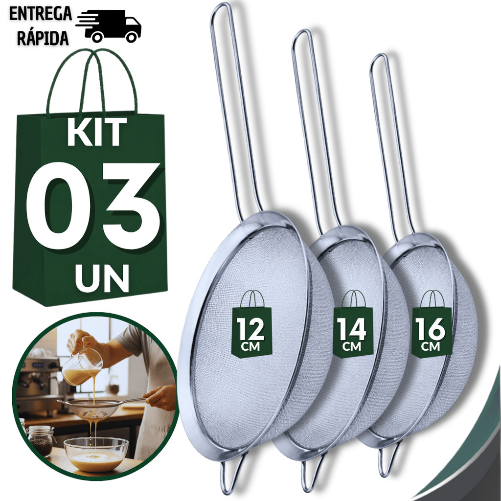 Conjunto Peneiras Coador Aço Inox 12/14 E 16Cm Resistente Cozinha Restaurante Farinhas Líquidos Utilidades