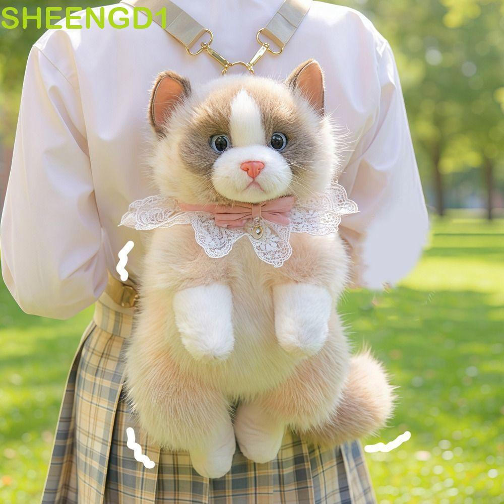 Mochila de Pelúcia em Forma de Gato SHEENGD1, Mochila Escolar Fofa e Ultra-Realista, Gato de Pelúcia, VOGE Bug