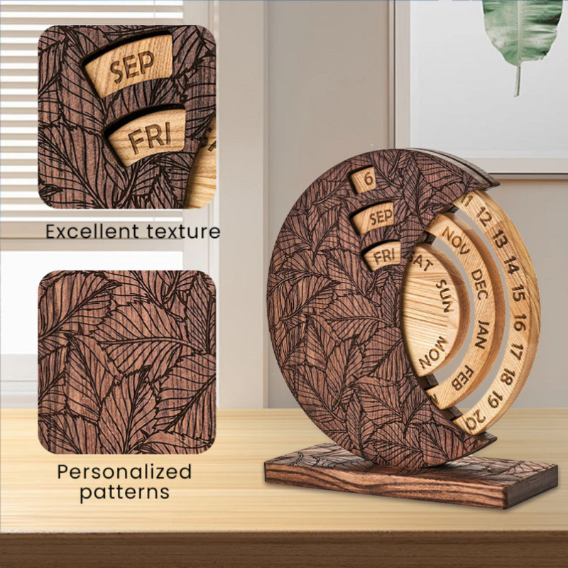 Calendário Perpétuo de Madeira para Mesa - Ornamento Decorativo para Casa