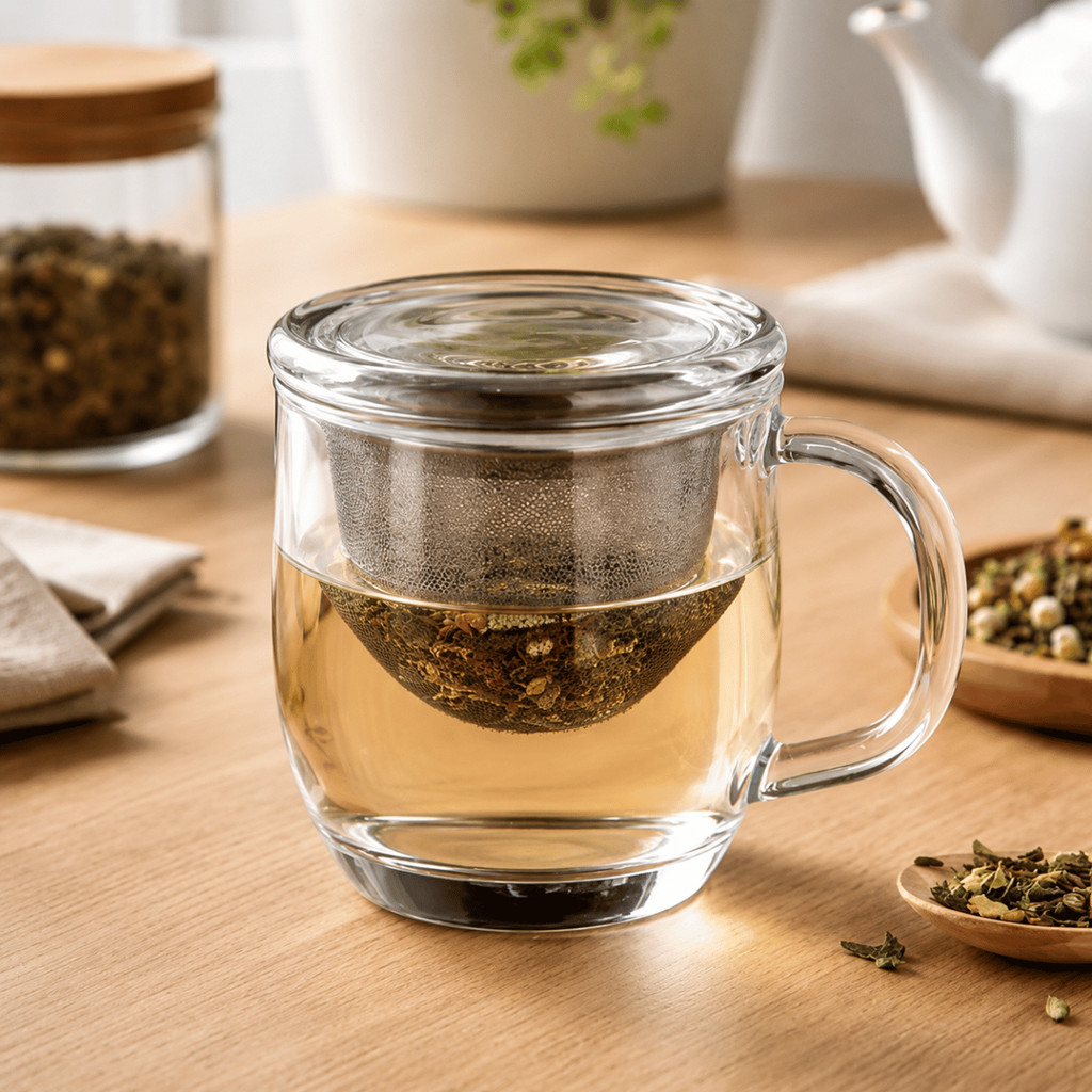 Caneca de Vidro 330ml com Infusor de Inox  e Tampa - Lyor / Café e Chá / Servir / Cozinha / Mesa