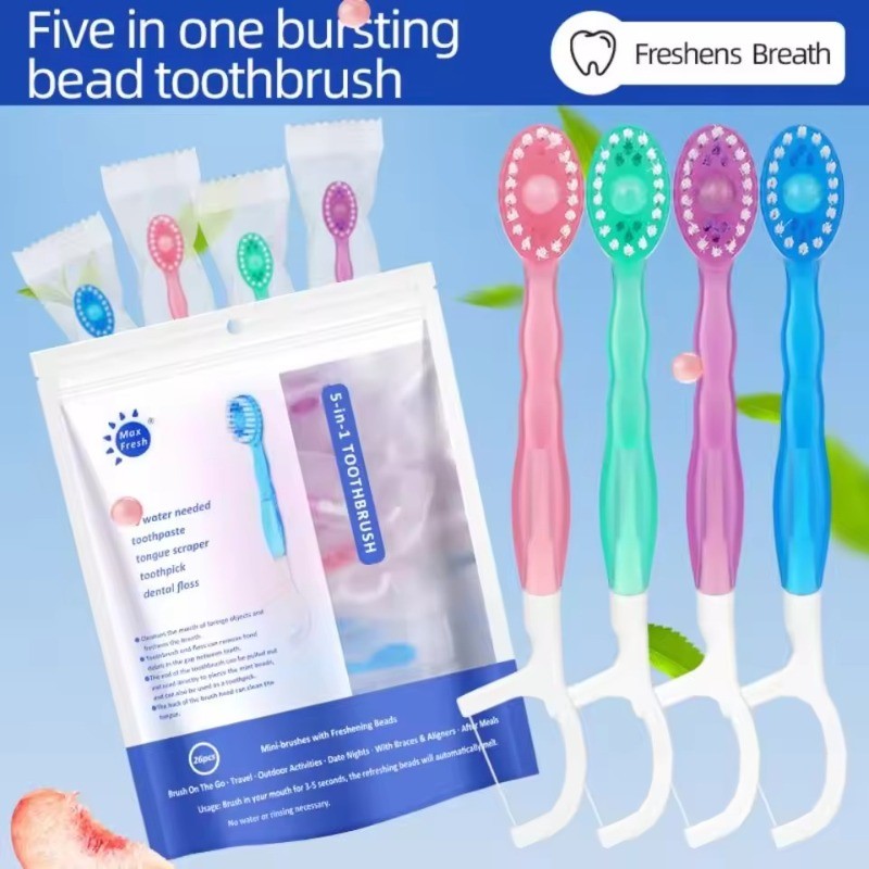 4/16 Unidades 5 Em 1 Escova De Dentes Descartável Explodida-Com Pasta De Dente , Raspador De Língua , Palheta , Fio Dent