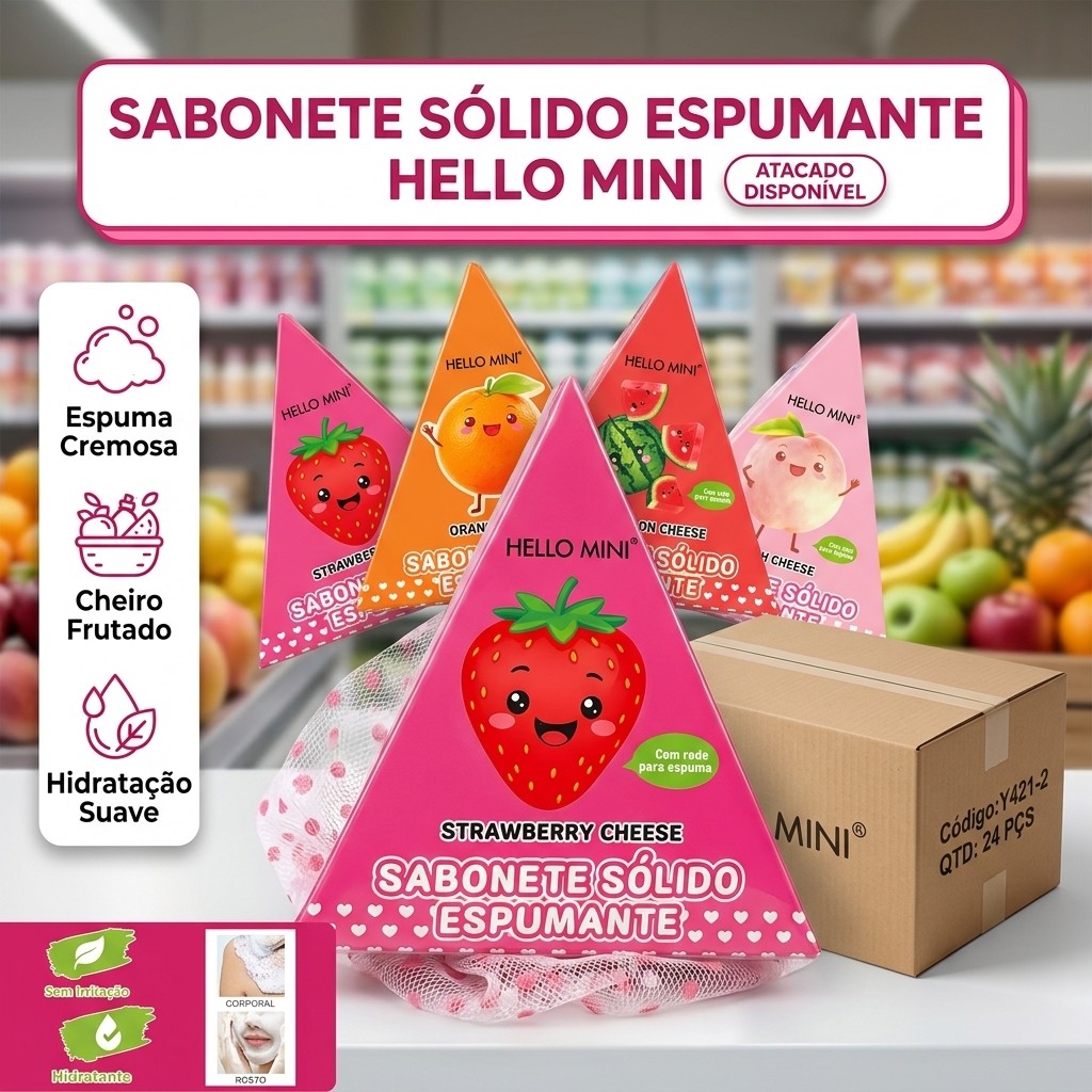Kit 4 Sabonetes em Barra Pêssego Morango Laranja Melancia Espuma Rica Perfume Doce Hidrata Pele HelloMini