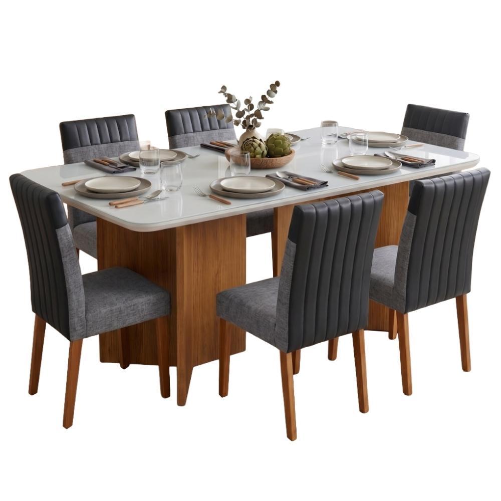 Conjunto Sala de Jantar Mesa 1,60m com Vidro 6 Cadeiras Montreal