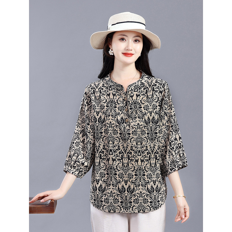 Camiseta de linho de algodão estilo étnico, mulheres idosas de meia-idade, verão, Top solto, aparência mais fina, Stand-