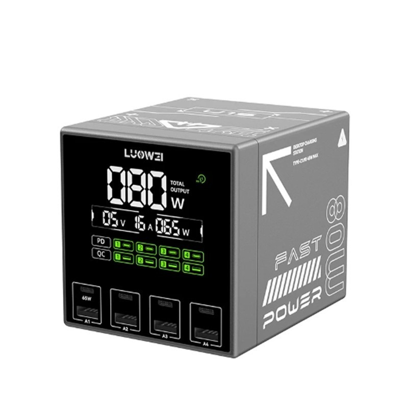 Carregador Luowei 80W 8 Portas LW-U1s USB-C com Display Digital Rápido Inteligente para Celular Tablet Bancada